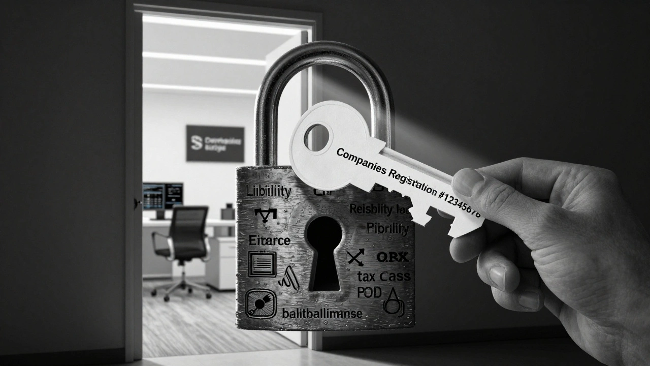 A paper key unlocking a door to a corporate future, symbolizing legal protection.