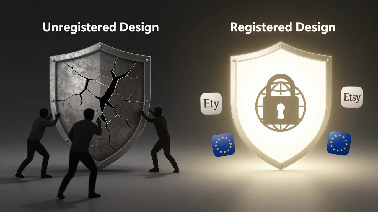 A symbolic contrast between a fading unregistered design shield and a strong registered design shield with global icons.