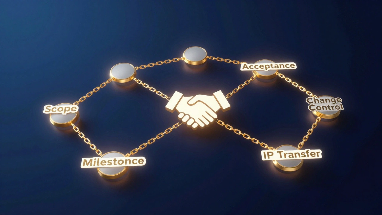 Abstract flowchart of contract elements connected by golden chains to a handshake.