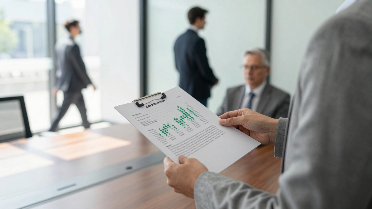 An HR professional handing a data report to a manager, with exit interview trends visible, sunlight casting stripes across the table.