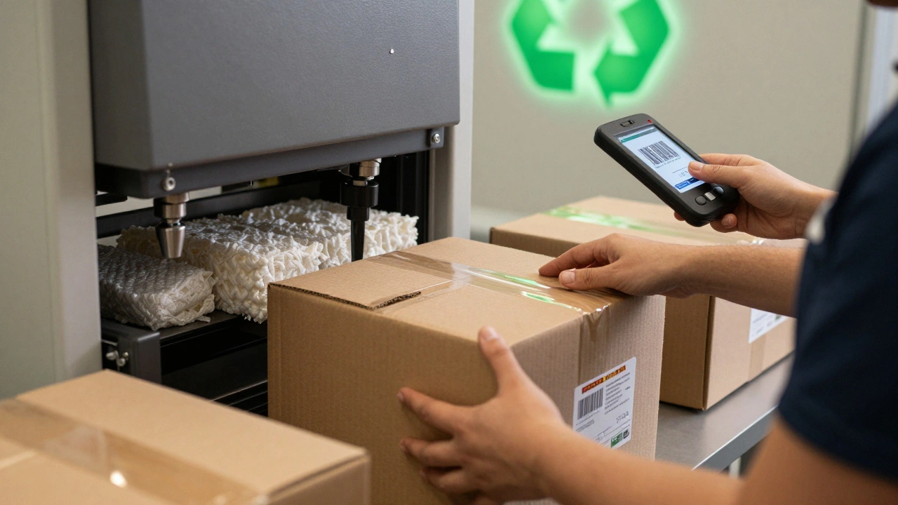 Automated packing station sealing a box with molded pulp cushioning and printing a Royal Mail label, highlighting eco-friendly practices.