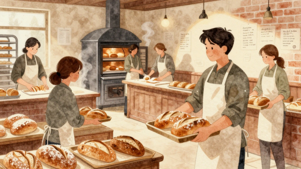 Bakery staff delivering bread to a homeless shelter while training staff to bake.