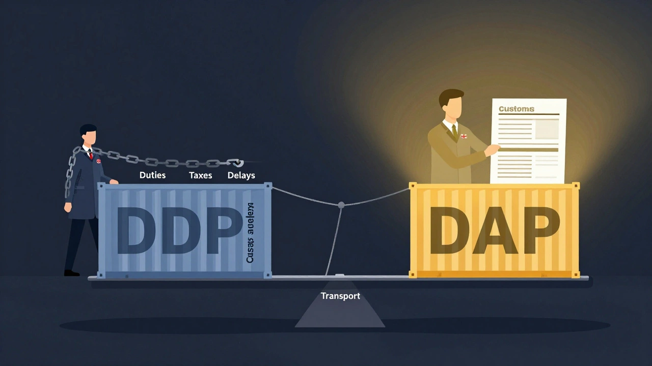 Balance scale contrasting heavy DDP burdens with light DAP responsibilities for a UK exporter.