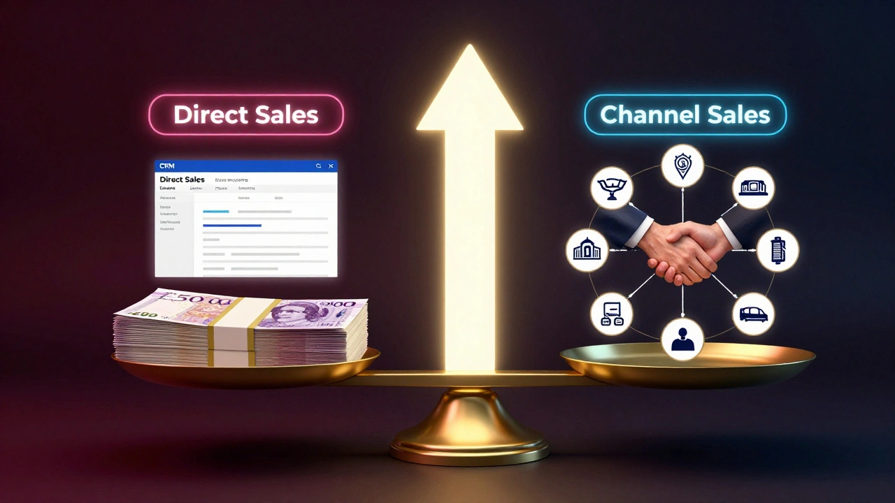 Balanced scale comparing direct sales costs versus channel partner networks.