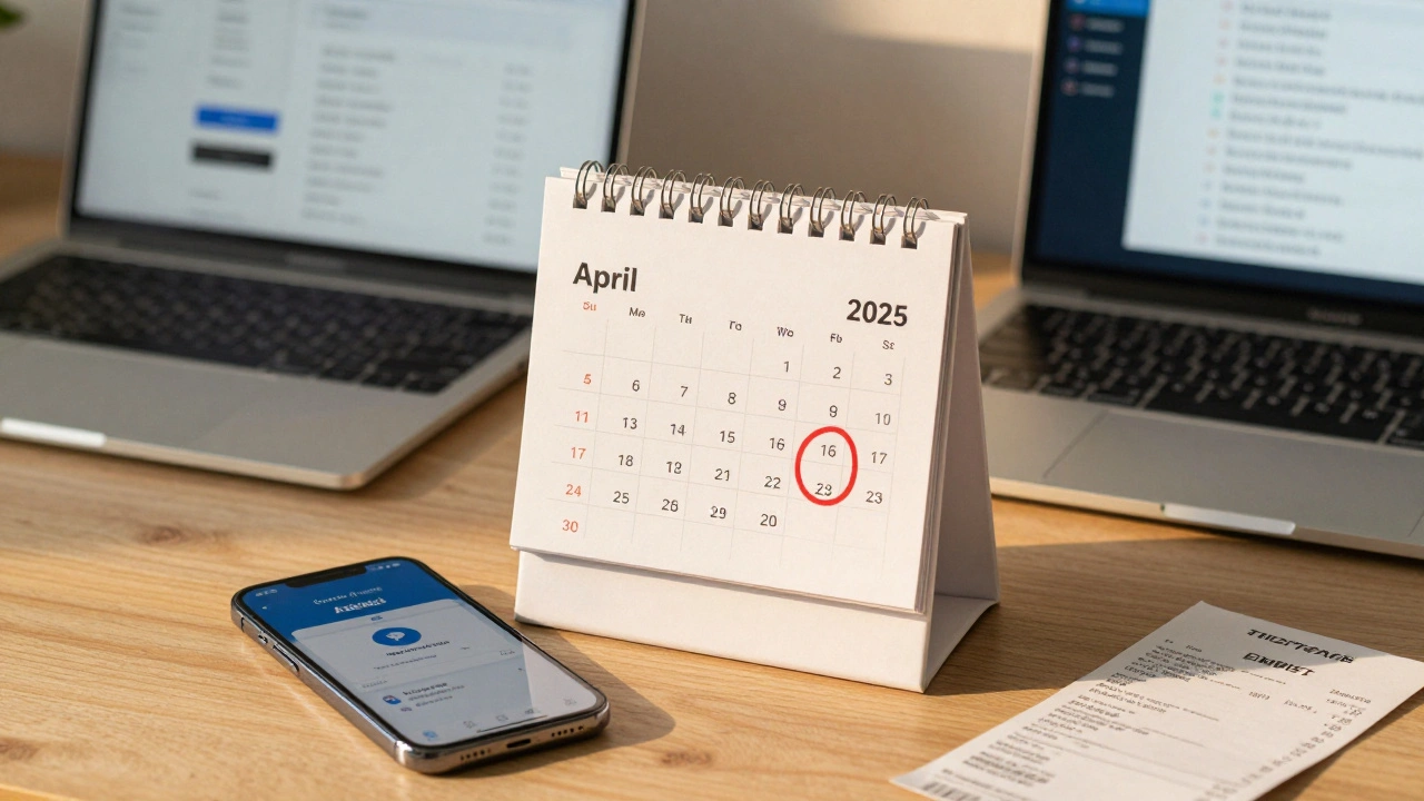 Calendar marked April 6, 2026, with digital accounting tools and scanned receipts nearby.