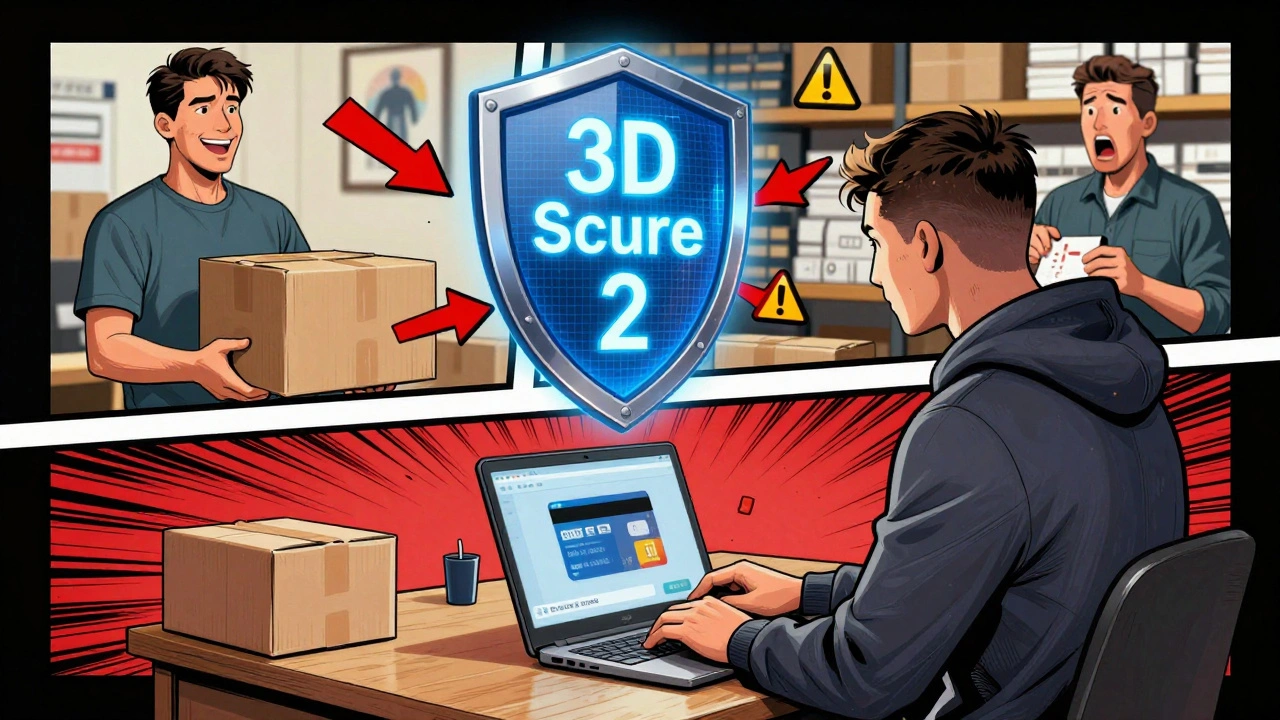 Comic-style battle between a fraudster and a digital 3D Secure 2 shield protecting ecommerce transactions.