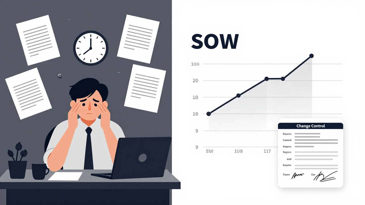 Contrasting chaotic and organized workspaces representing poor vs. well-structured SOWs.