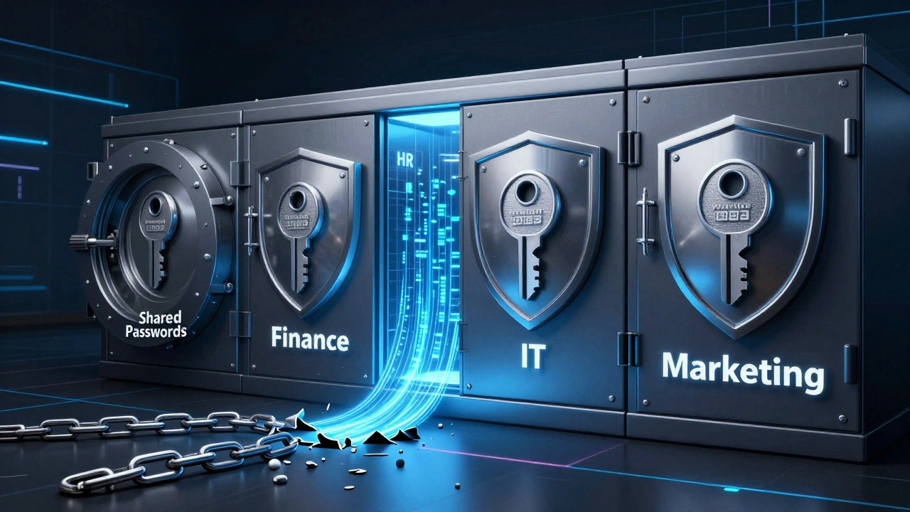 Digital fortress with secured vaults and broken shared password chains, symbolic of secure access.