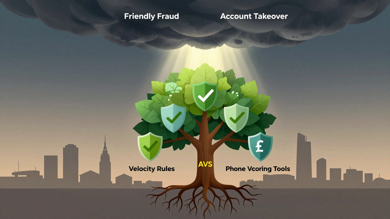 Digital tree with fraud prevention measures as roots, shielding a business from a storm of fraudulent activity.