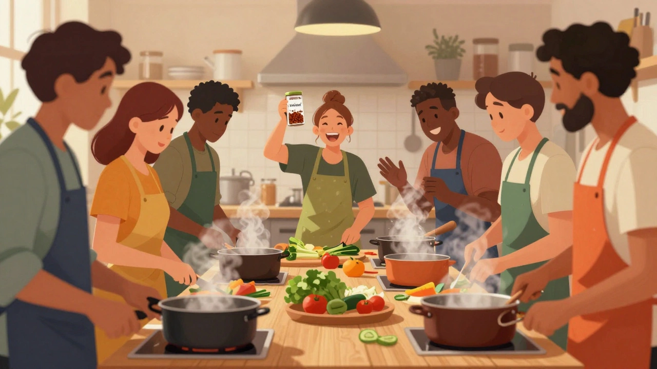 Diverse team cooking together in a London kitchen, laughing while preparing food.