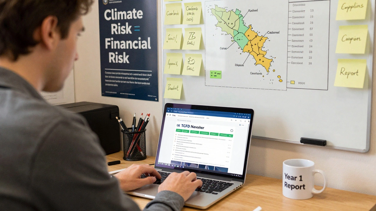 Employee using TCFD Navigator tool with supplier maps and emission calculations.