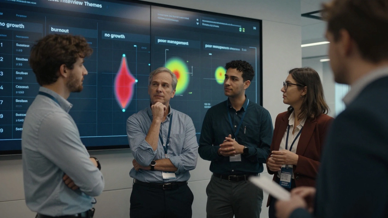 Employees in a UK office looking at a digital dashboard displaying anonymized themes from exit interviews like burnout and lack of growth.