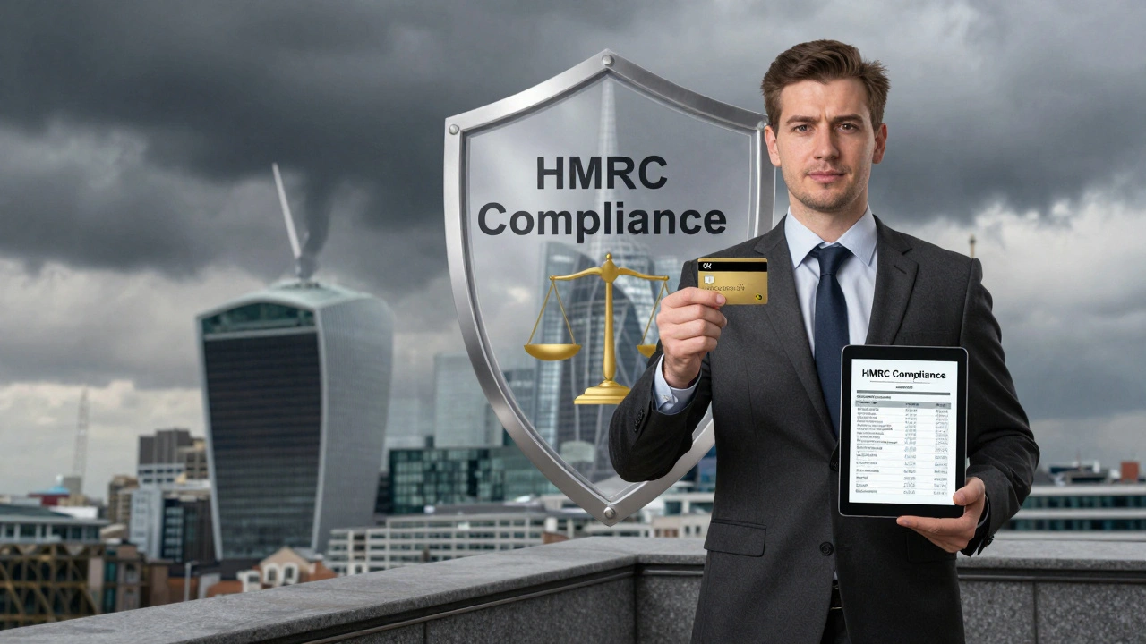 Entrepreneur holding UK business card with legal shield protecting assets from tax symbols.