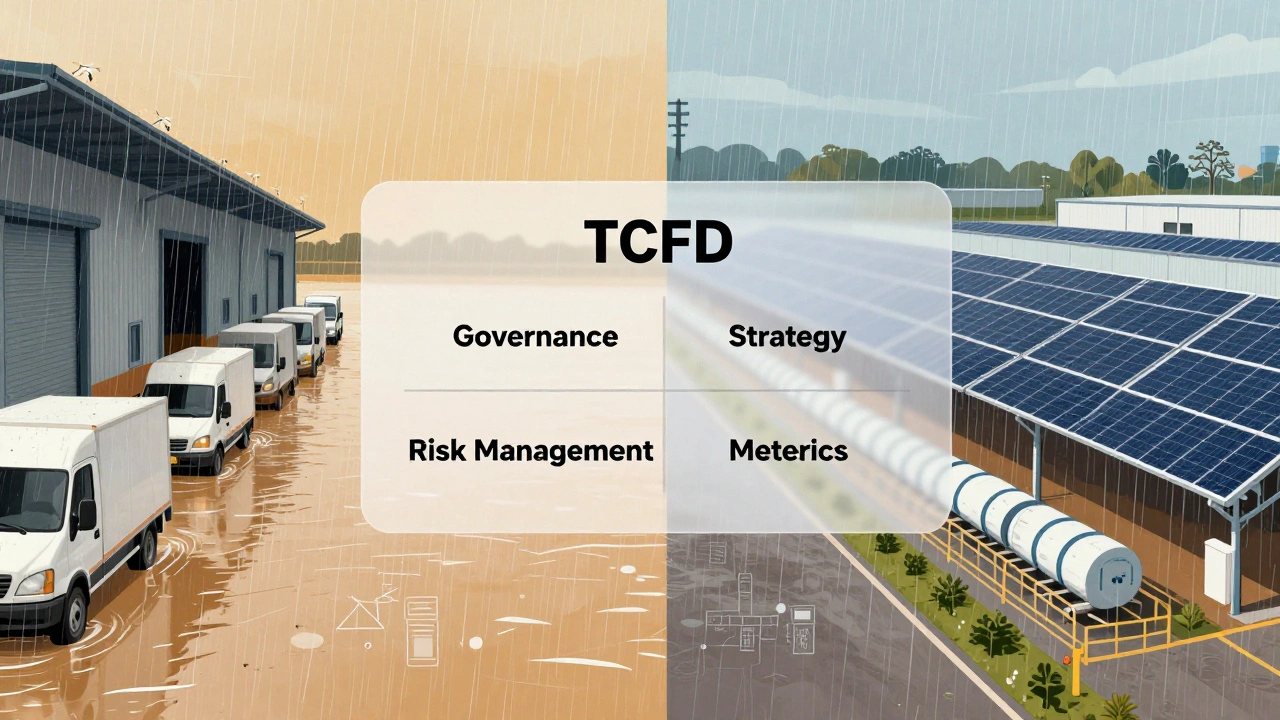 Flooded warehouse versus resilient facility with solar panels and backup routes.