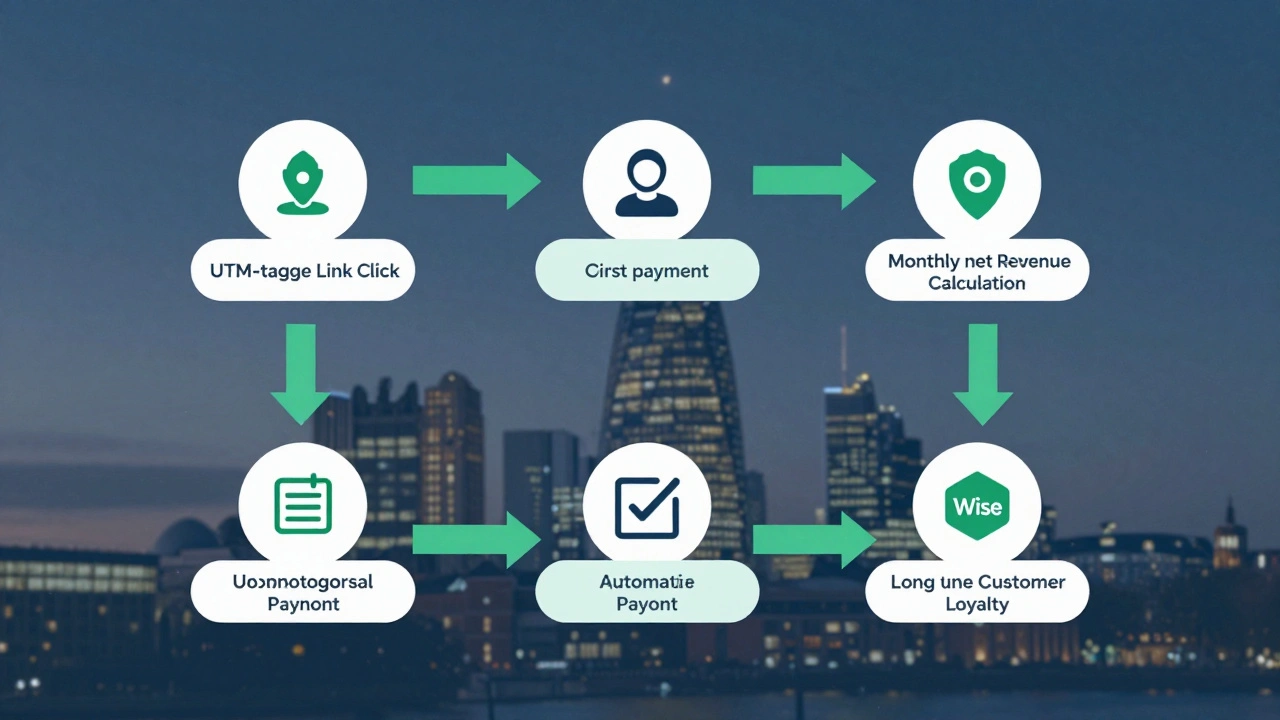 Flowchart illustrating the lifecycle of a revenue share partnership from click to long-term customer loyalty.