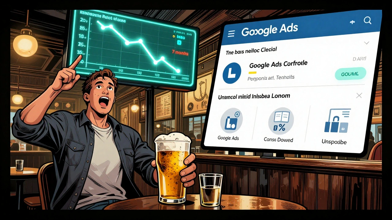 Founder in a pub watching payback period drop on a glowing dashboard.