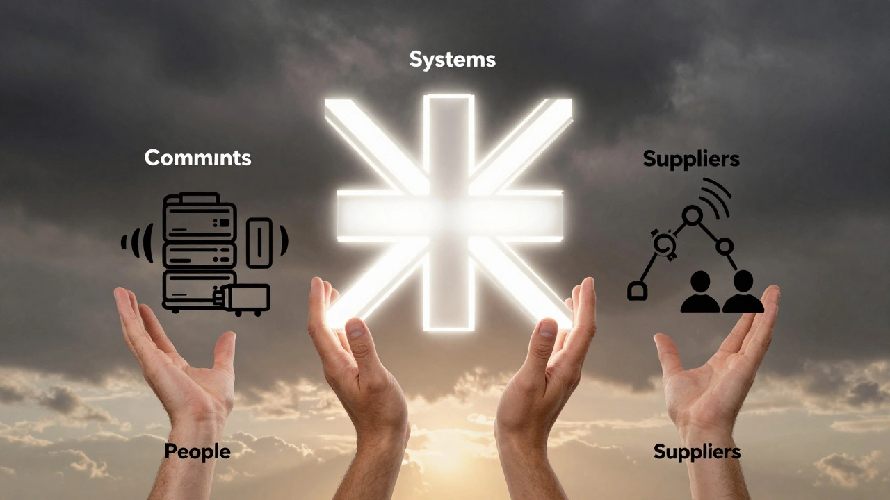 Four symbolic pillars supporting a business under a clearing storm, representing people, systems, suppliers, and communication.