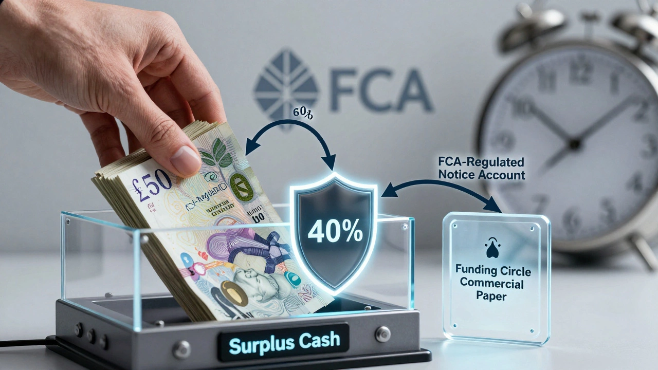 Hand depositing cash into vault with split pathways to regulated savings and peer-to-peer lending platforms.