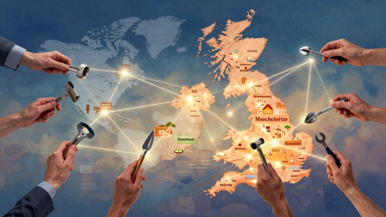 Hands of professionals connected by glowing threads forming a map of the UK.