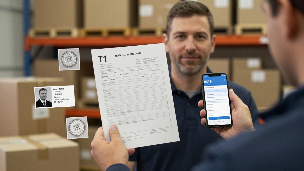 Logistics manager reviewing T1 documents and digital transit data in a warehouse.
