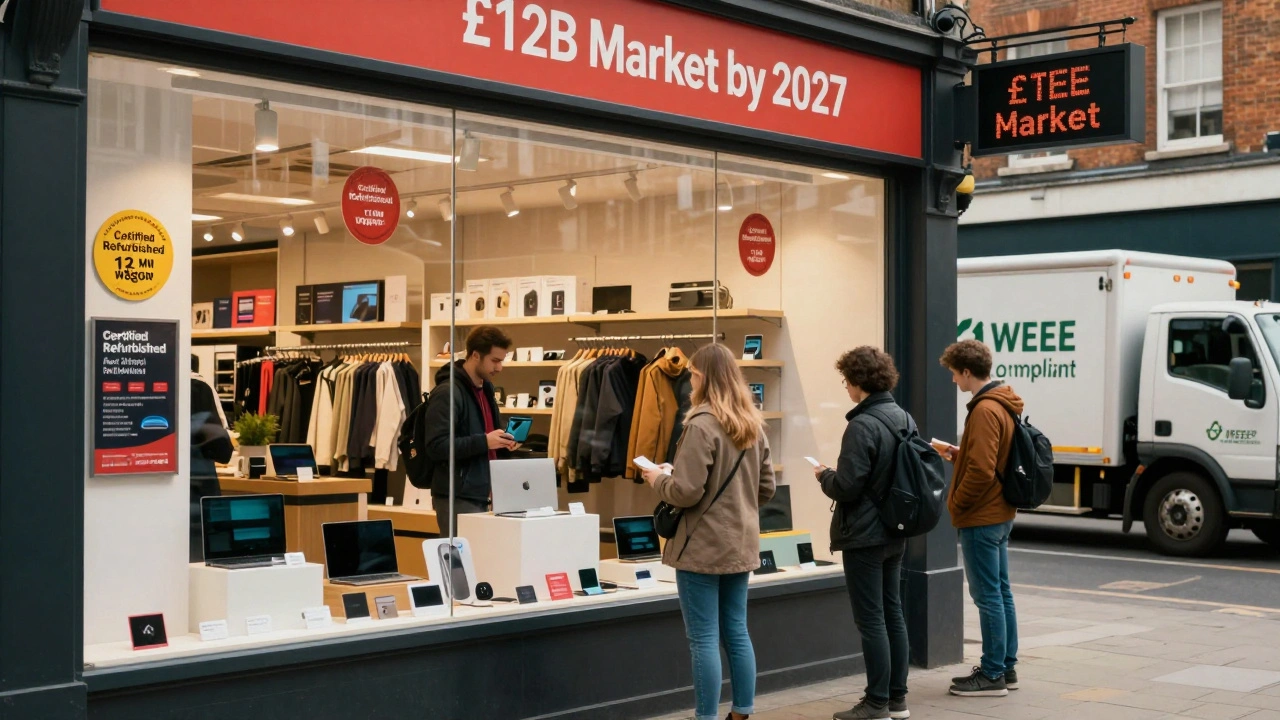 Refurbished electronics and clothing displayed in a UK store window with warranty tags, shoppers examining items under daylight.