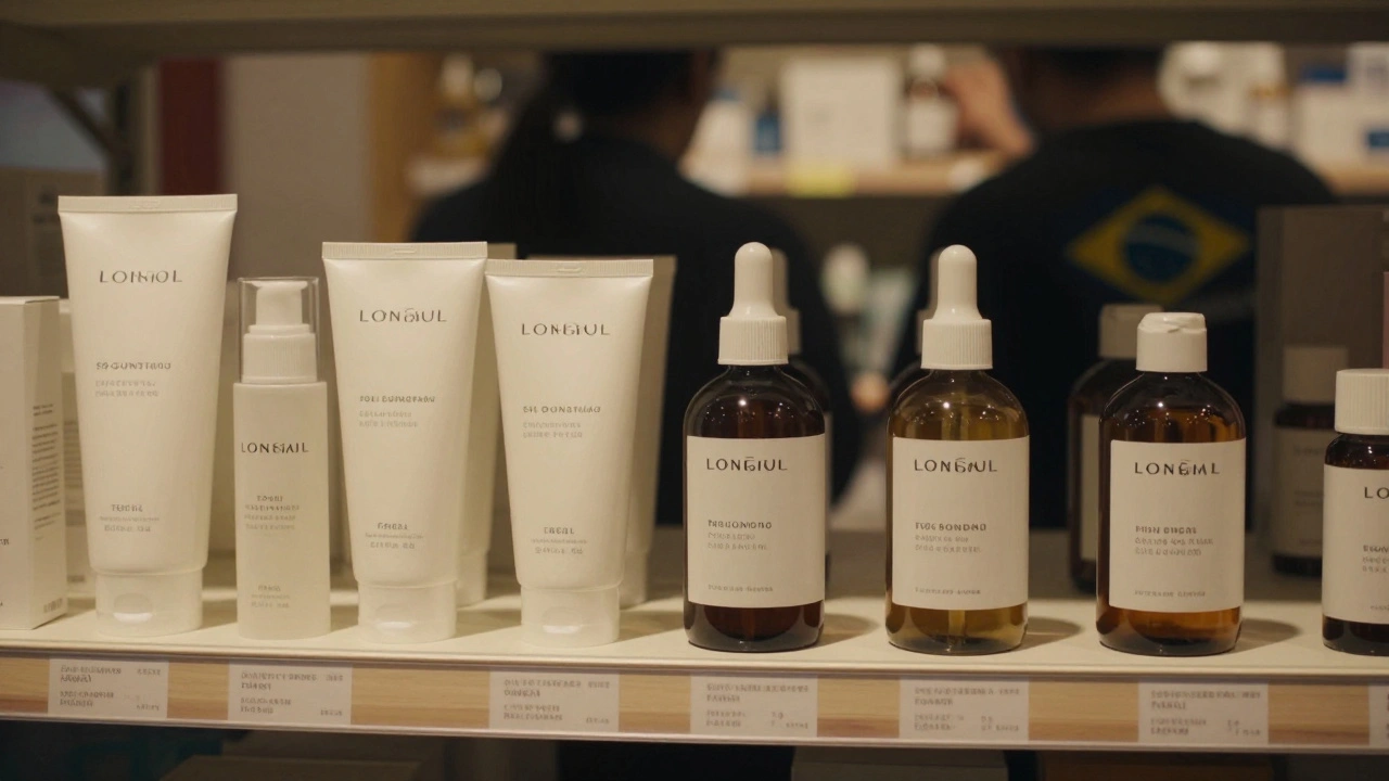 Skincare products on global shelves with shadowy counterfeiters trying to steal the brand