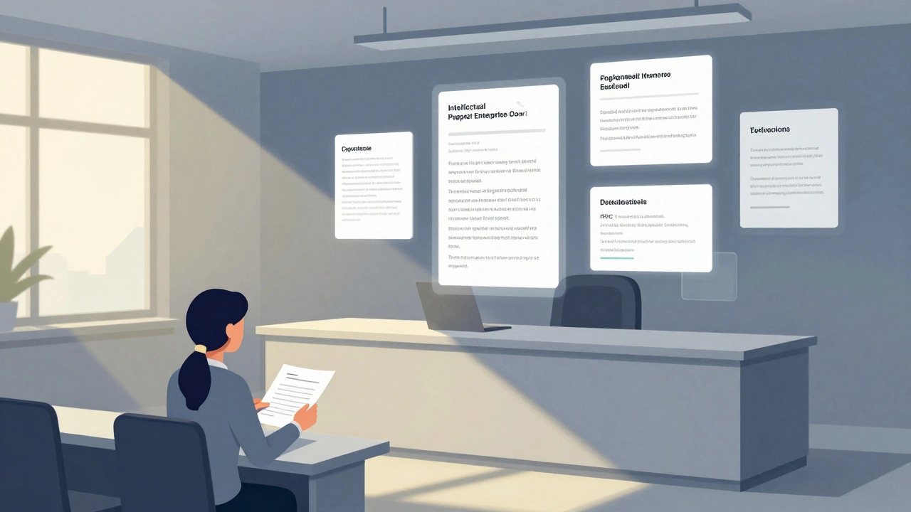 Small business owner presenting IP documents in the UK Intellectual Property Enterprise Court.