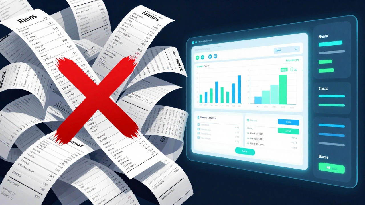Split image: chaotic paper records vs. clean digital tax system, symbolizing transition to MTD ITSA.