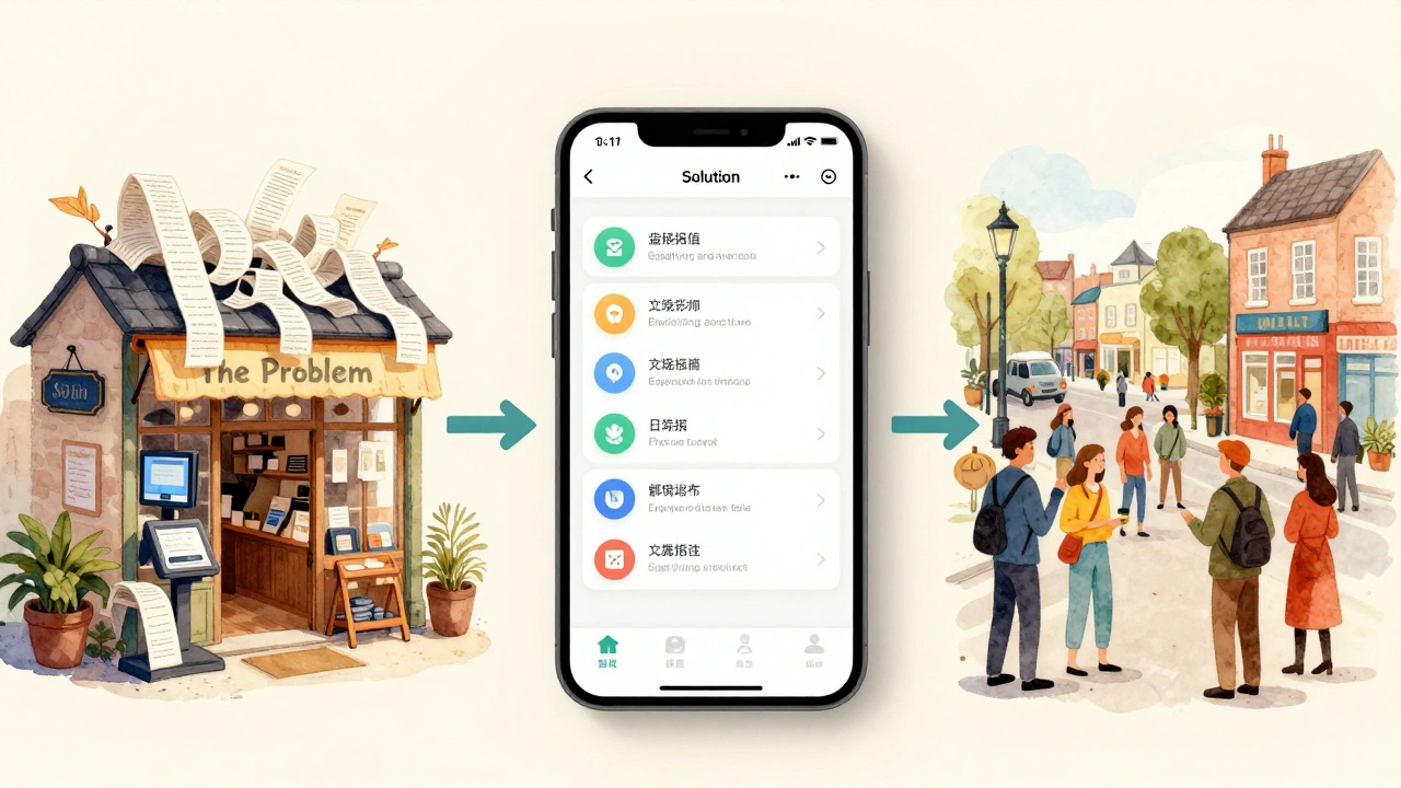 Storybook-style visual showing problem, solution, and impact of a business grant in Yorkshire.