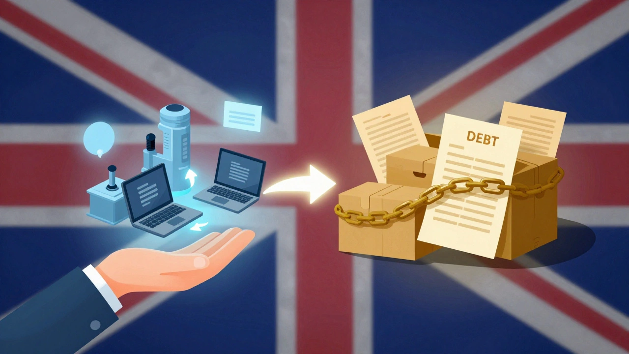 Symbolic transfer of business assets away from hidden liabilities in a split composition.