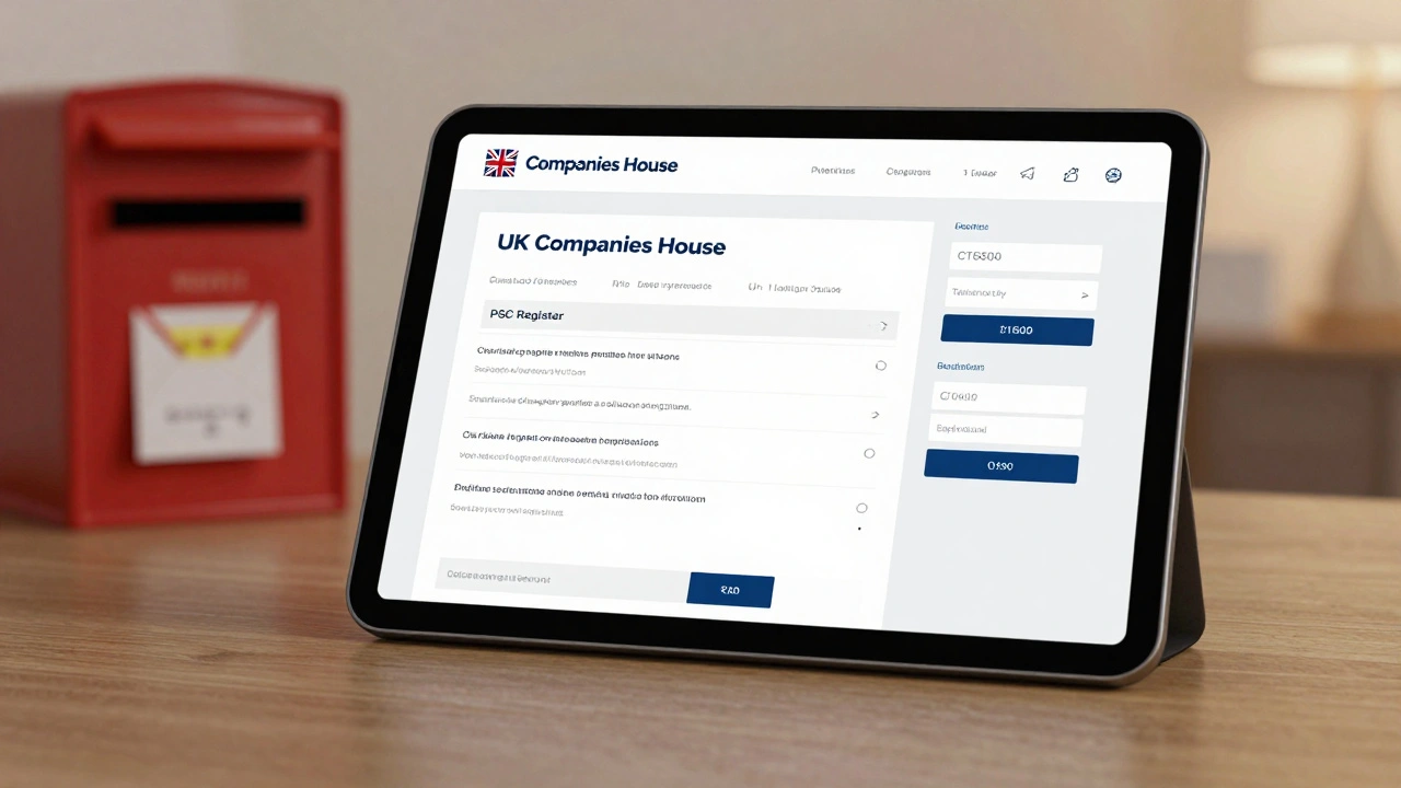 Tablet displaying UK company registration dashboard with tax forms and virtual office address.