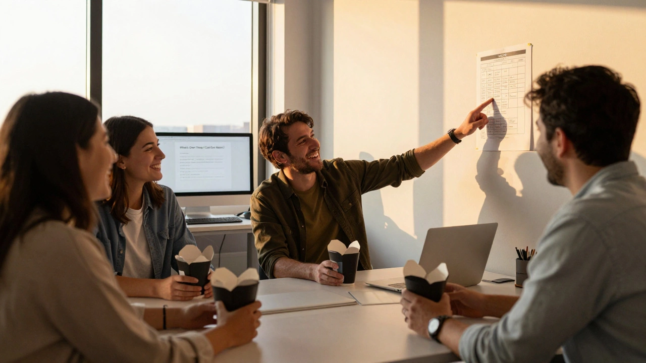 Team members laughing together at lunch, with a RACI chart visible on the wall.