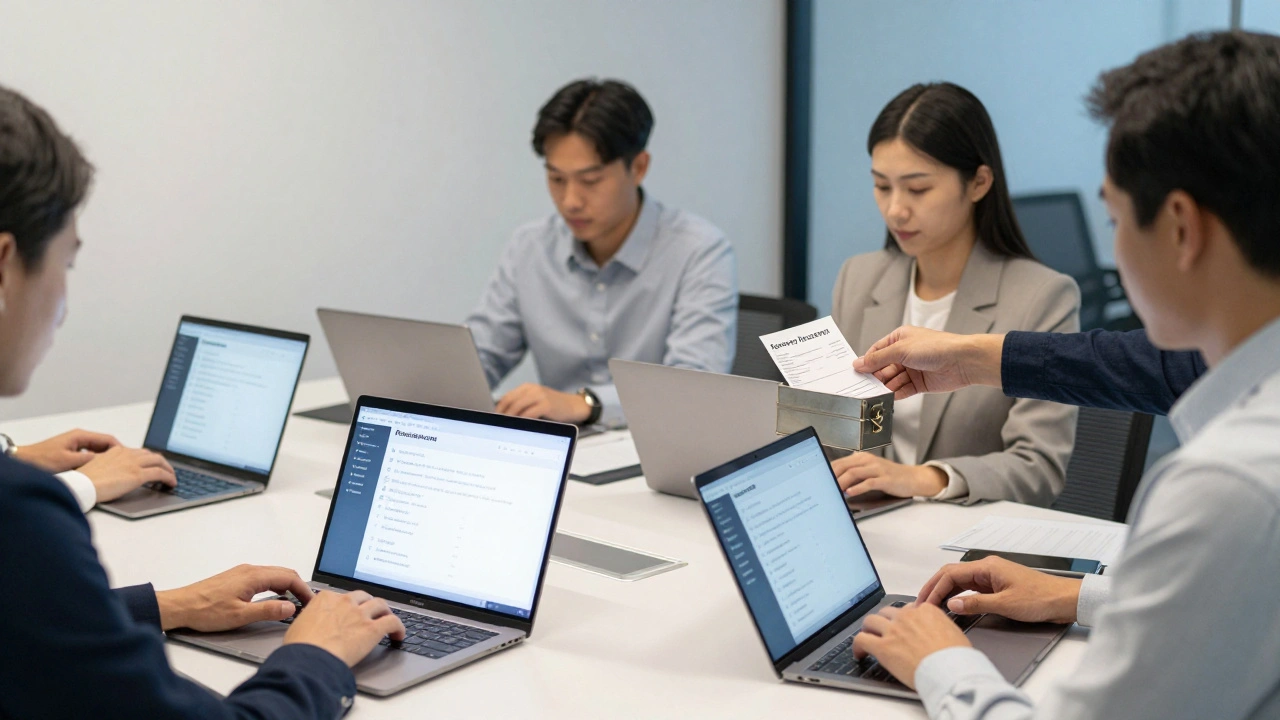 Team members using a secure password manager on laptops in a modern UK office.