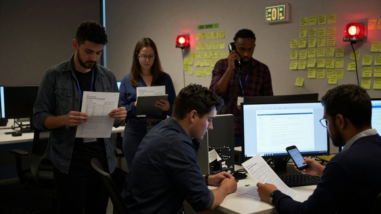 Team simulating a cyberattack with printed invoices, phone calls, and SMS messages in an office lit by emergency signs.