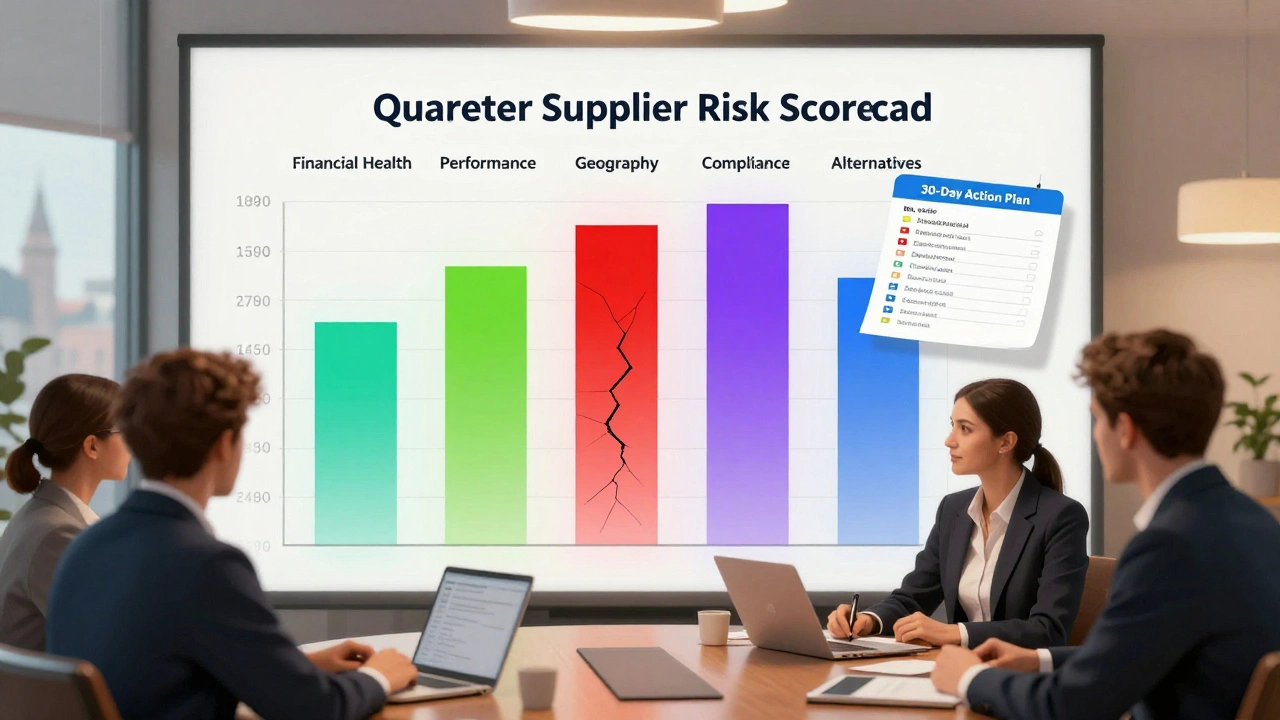 Team updating a supplier risk scorecard with red-flagged categories in a boardroom.