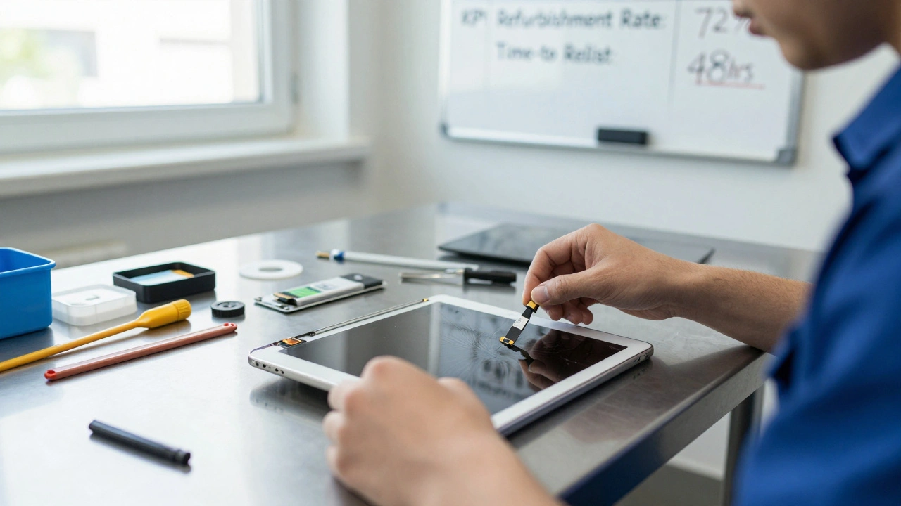 Technician repairing a tablet in a refurbishment lab, replacing a screen and applying a certification sticker.