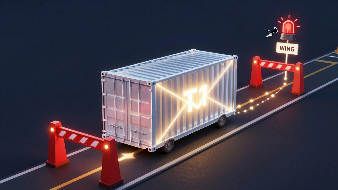 Transparent cargo container with a glowing T1 transit envelope tracking its route across Europe.