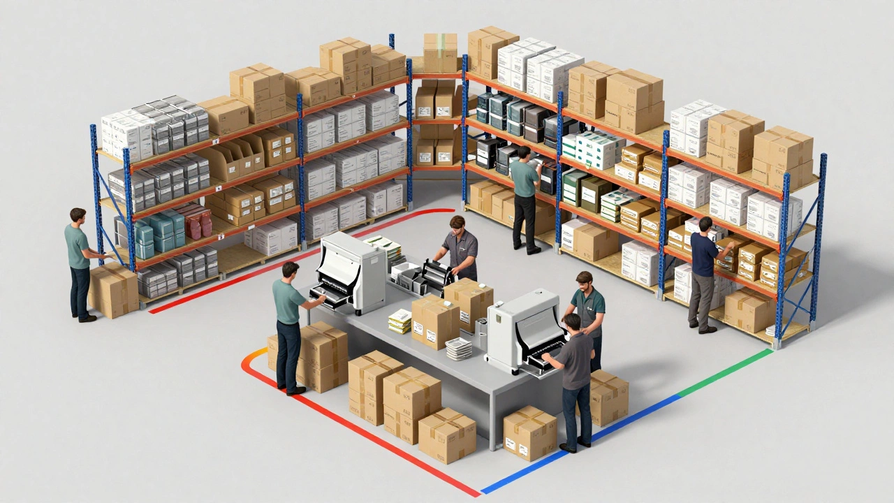 U-shaped warehouse layout with packing station at center, A-items within reach, and colored floor guides for efficient picking.