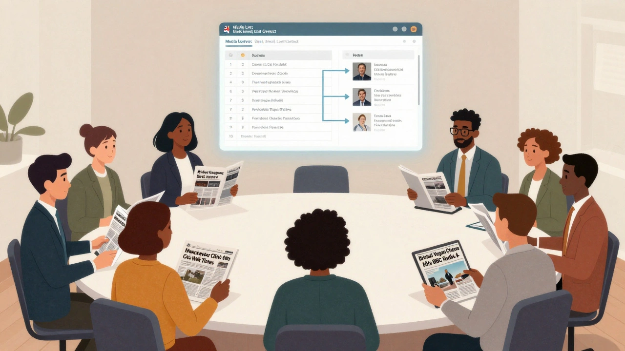 UK journalists collaborating around a floating media list spreadsheet with news headlines.
