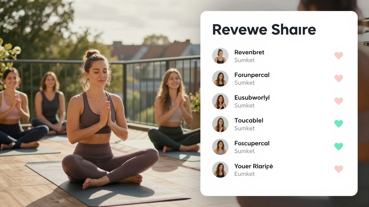 Wellness influencer leading a live yoga session with digital tracker showing loyal subscribers from her referrals.