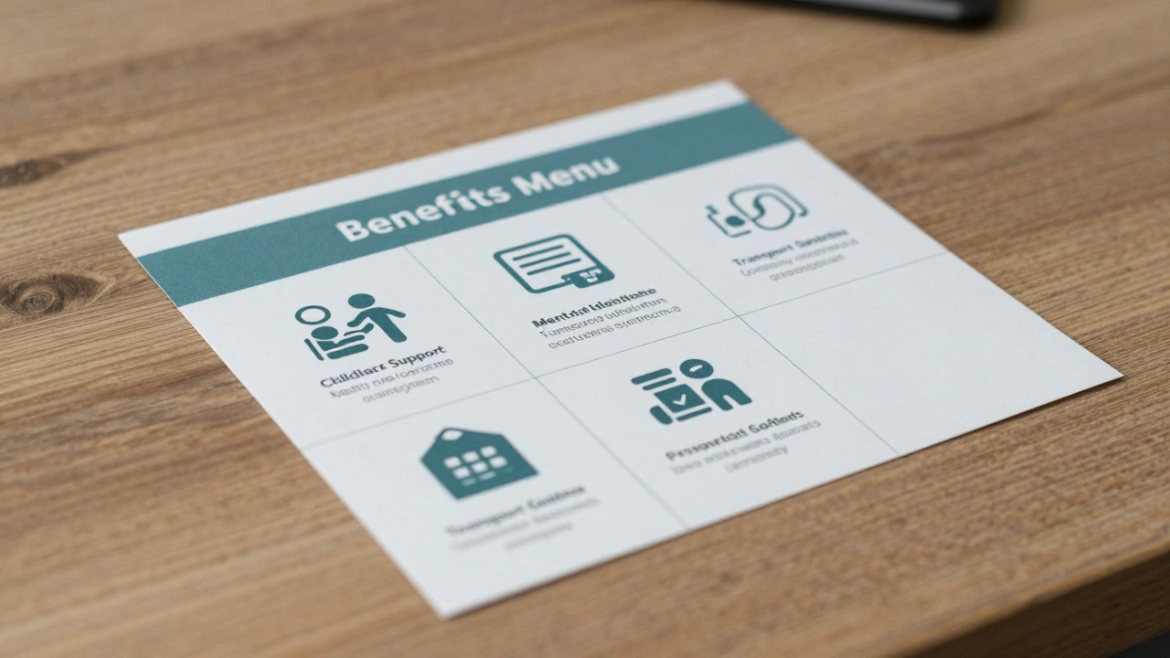 A customizable benefits menu with icons for childcare, mental health, transport, and certifications on a wooden table.