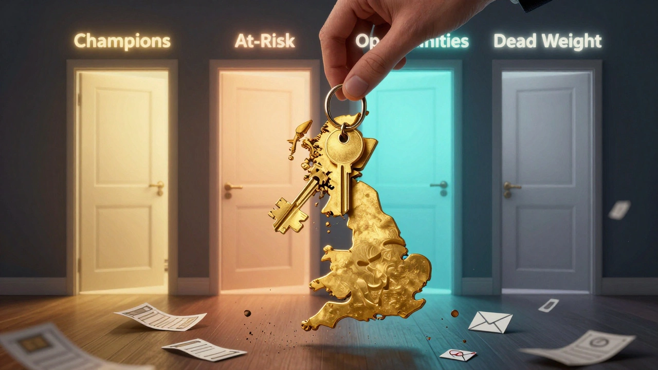 A golden key unlocking four doors representing customer segments, with symbolic lighting and dissolving data.