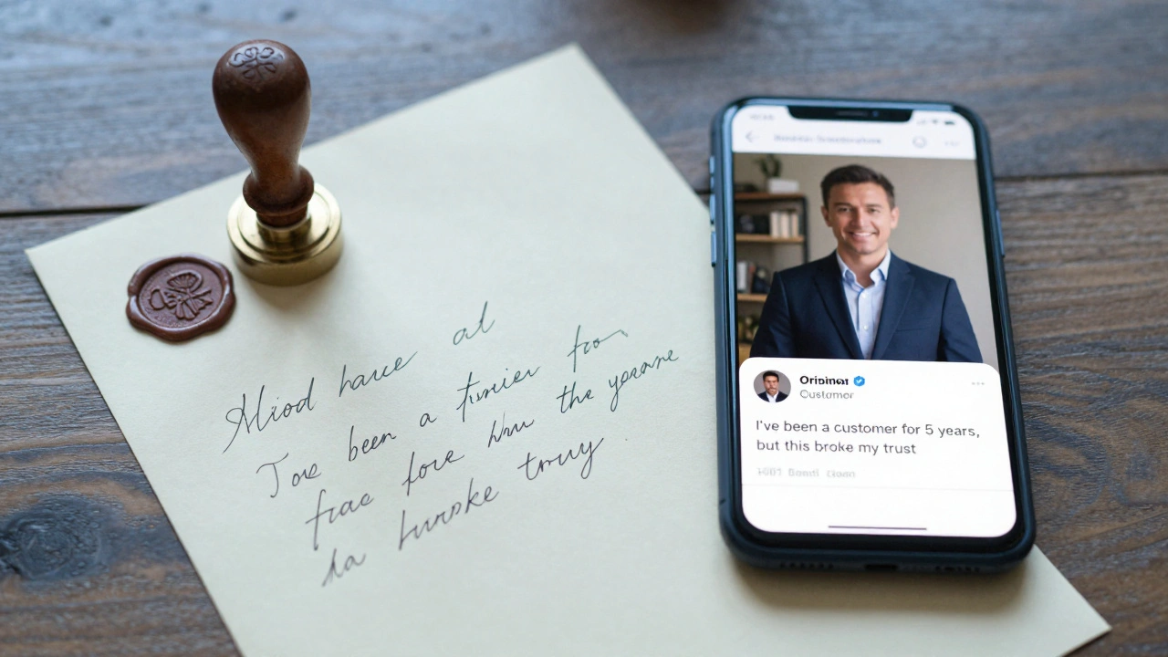 A handwritten apology letter and smartphone showing a personal brand reply sit beside a customer's negative tweet.