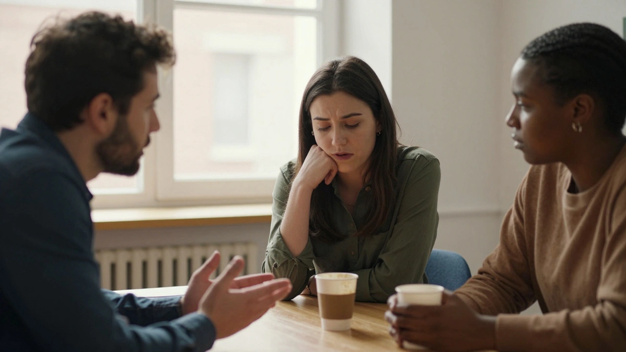 A manager and two employees having a quiet, supportive conversation about work stress.