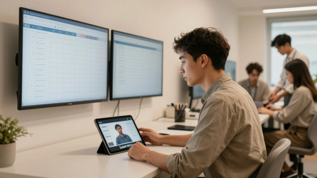 A manager watching a process video on a tablet in a clean, modern office, with team following standardized workflows.