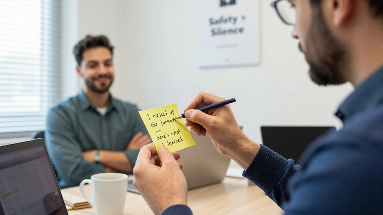 A manager writes a note admitting a mistake, with a team member nodding in support in a well-lit office.