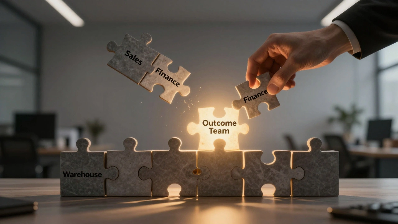 A puzzle with missing pieces representing team roles, one glowing piece being placed to fix the structure.