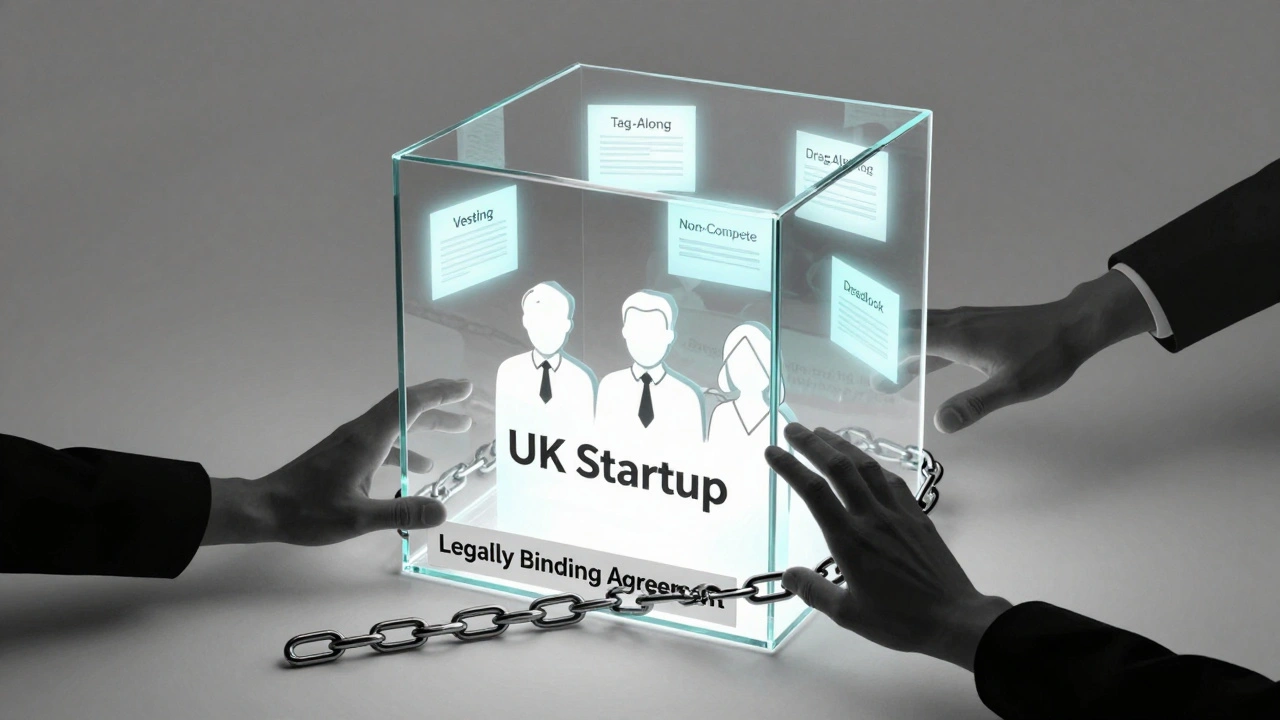 A startup enclosed in glass, protected by glowing legal clauses, while dark hands try to break in.