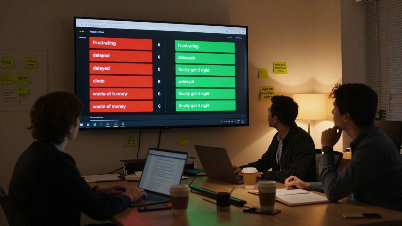 A UK team analyzes real-time customer sentiment data on a screen, with emotional keywords glowing in red and green.
