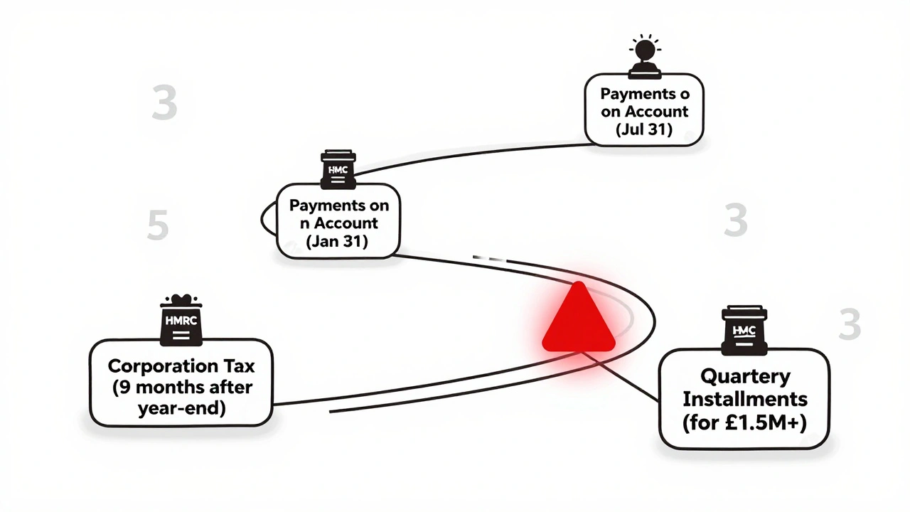 Abstract path of tax deadlines with glowing warning stone for quarterly payments over £1.5 million.